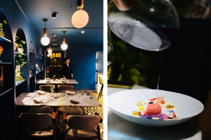 À direita, outra das sobremesas do menu Florescer: o sorvete de ruibarbo, com chá de ervilha borboleta e algodão-doce ácido