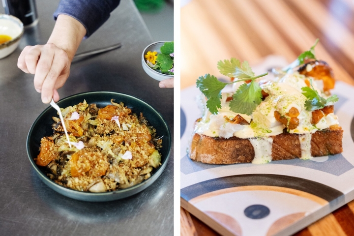 Tiborna de cogumelos na brasa, com tomate assado, azeite e couve fermentada 