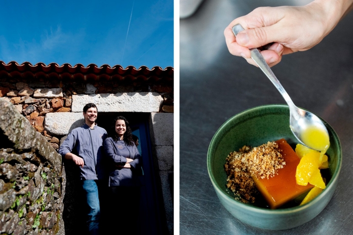 O casal Roberto Lopes e Ana Batista. À direita, o pudim de pão com citrinos, azeite e flor de sal