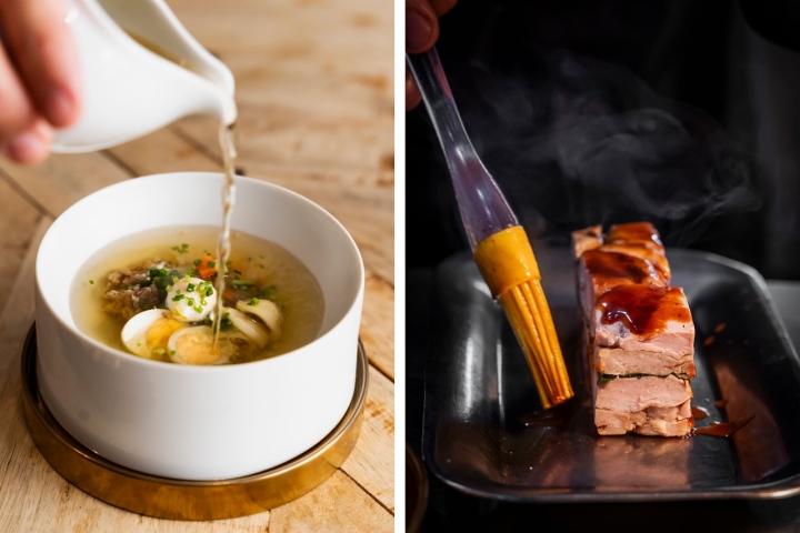 Consommé e terrine de codorniz são as propostas do Reticências. 