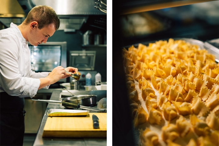 Stefano Bulla, com apenas 27 anos, lidera a cozinha com calma e rigor. À direita, os famosos fagotelli de carbonara, foram criados por Heinz Beck há 20 anos e continuam no menu