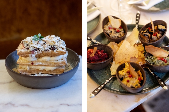 À esquerda, o famoso Napoleon, a recriação soviética do mil-folhas, a imperdível sobremesa. À direita, pkhaleuli, patés de vegetais e ervas aromáticas para entrada.