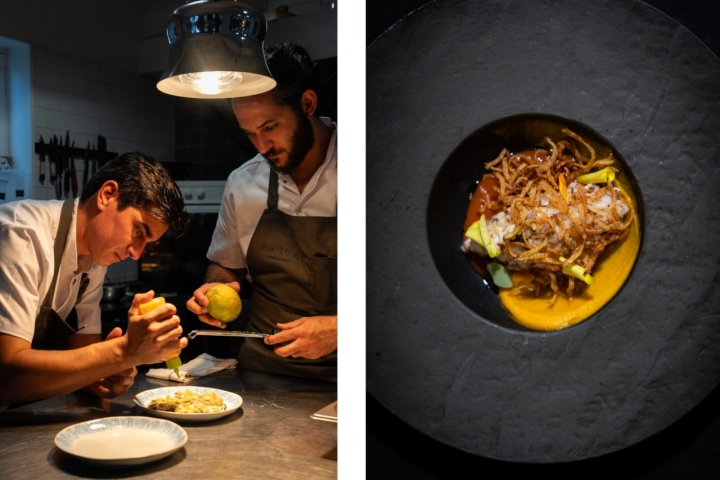 O tártaro de salmonete com cremoso de laranja e cenoura, tomate da vinha e batata é uma das evidências da predileção por peixe fresco 