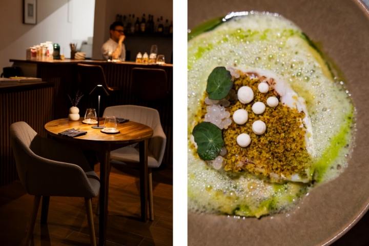 O bacalhau do Clann é servido com um xerém de berbigão, crosta de broa e caviar de limão e espuma de coentros