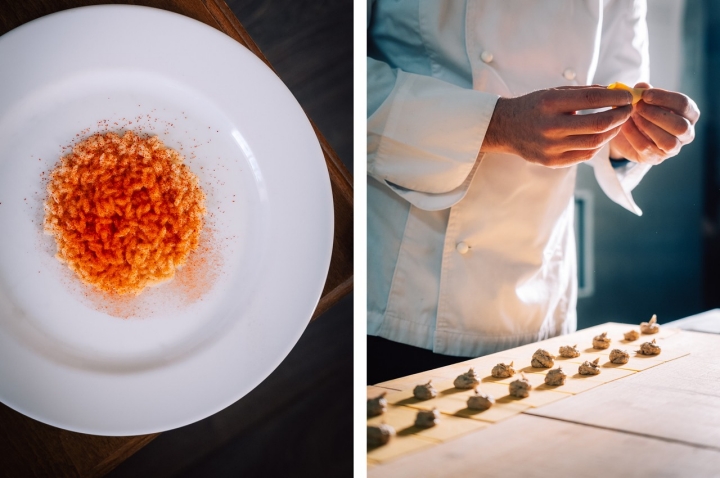 O risotto, à esquerda, é um dos pratos mais repetidos na Mavalà. A preparação dos capeletti, à direita. 