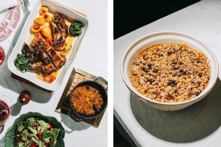 Cabrito assado no forno, à esquerda, e a baba de rinoceronte, à direita, sobremesa que junta amendoim, caramelo, noz pecan e maltesers