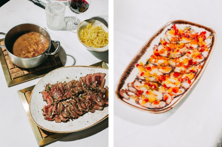 Rosbife com arroz de feijão e batata palha, à esquerda, e carpaccio de polvo à direita 