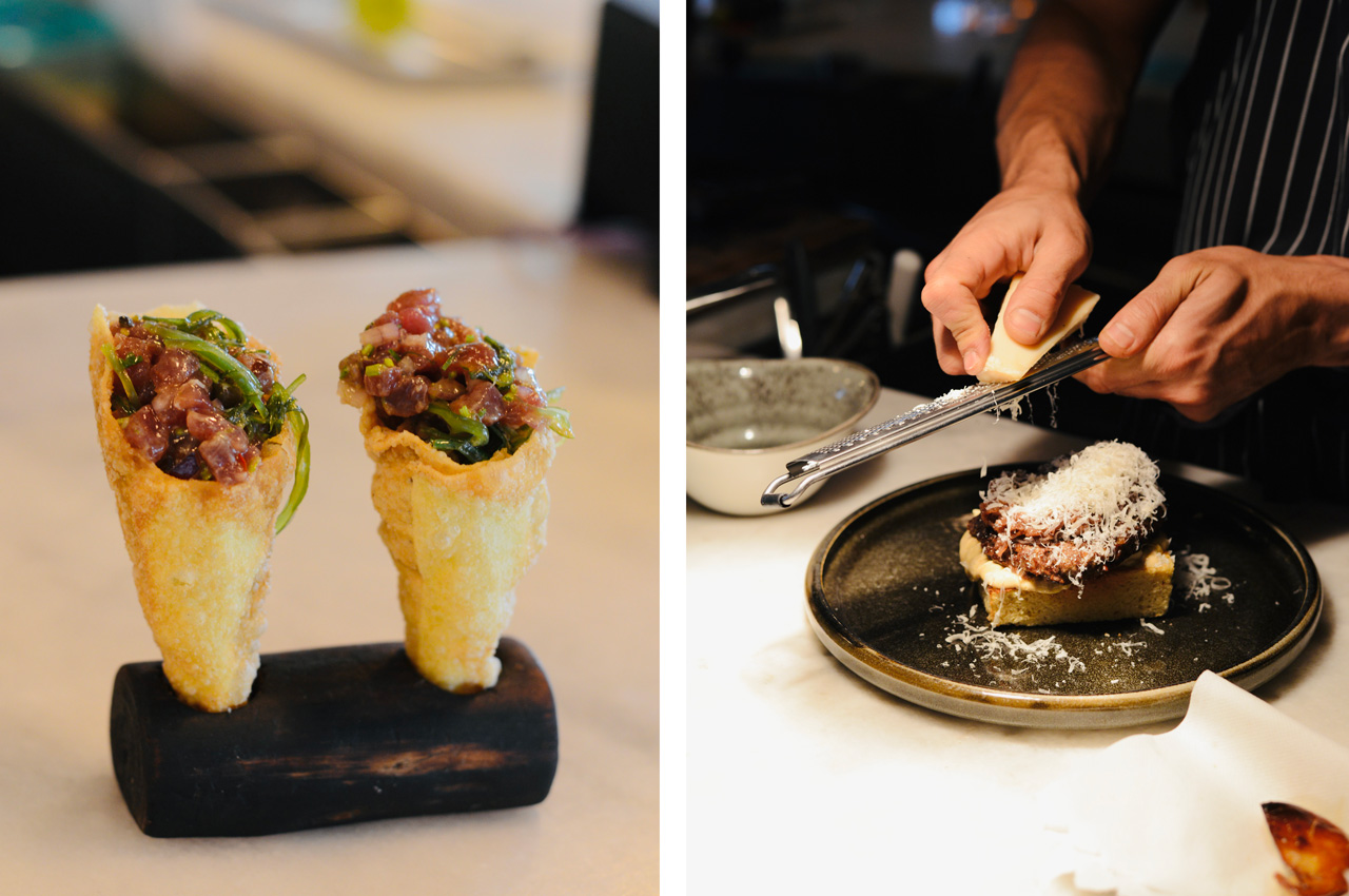 Corneto de atum à esquerda e hambúrguer de picanha com foie gras e queijo parmesão, à direita