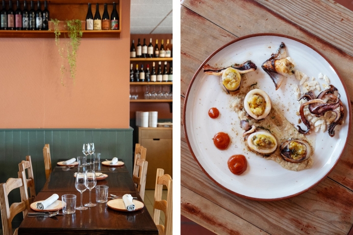 À direita, a lula recheada com migas de grelos e paté de ovas de pescada, um prato leve e um dos mais recentes da carta