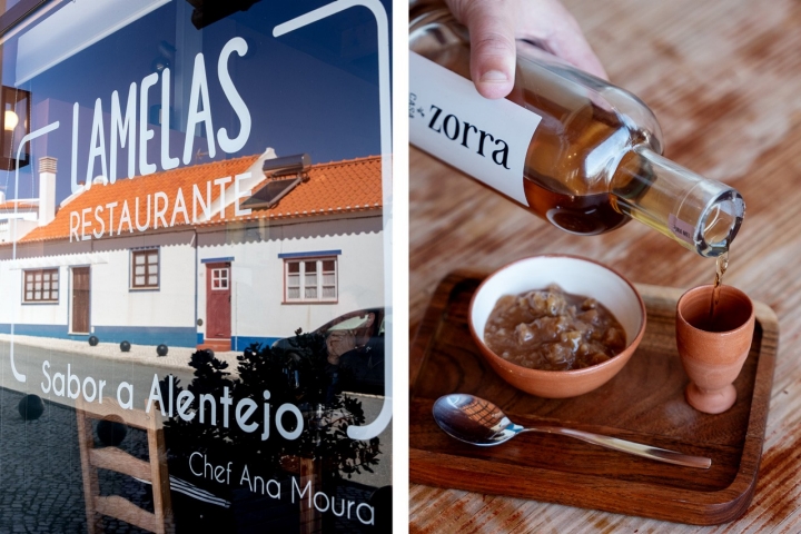 Para sobremesa, e além de uma afamada tarte de queijo, há migas doces com nozes e medronho de mel (à direita)