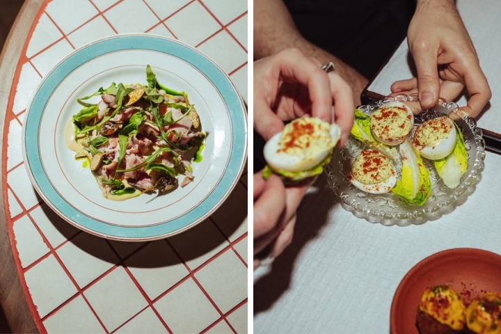 Porco preto tonnato, à esquerda, e ovo ”mimosa”, à direita