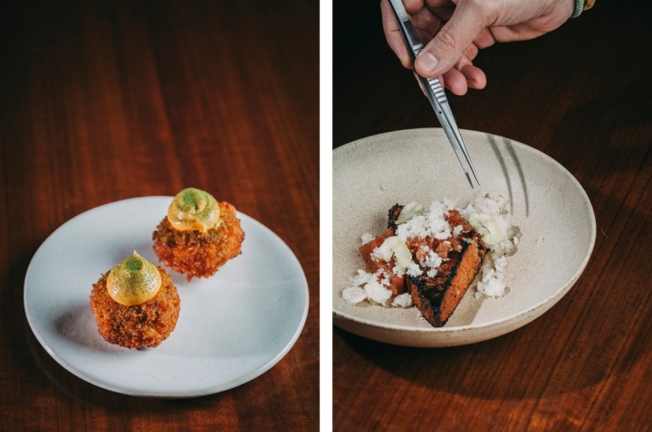 Croquetes de Boi Velho, com maionese de chouriço de Ponte de Lima e pó de salsa, à esquerda; Rabanada de castanha com granizado de queijo da Serra, à direita