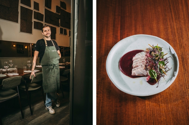 O menu de Pedro Braga é curto e respeita as quatro estações. À direita, corvina fumada com puré de beterraba