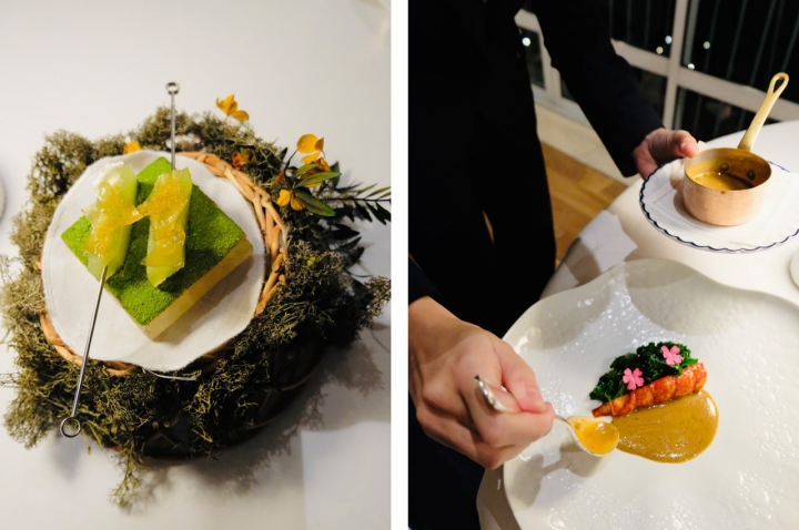 Pedaços de maçã reineta marinados com compota de maçã e crocante de maçã sobre o tradicional cesto de vime, à esquerda. À direita, lavagante com algas, bisque e maracujá