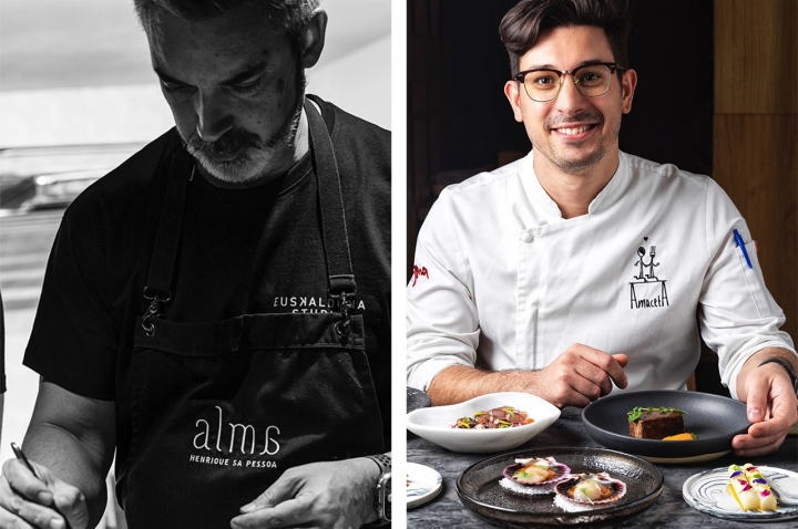 Henrique Sá Pessoa (Alma, 2 Sóis Guia Repsol 2025) fará um showcooking a quatro mãos com Lucía Freitas. À direita, Jorge Gago d’A Maceta (Recomendado Guia Repsol Espanha 2025)
