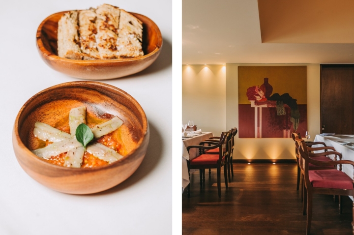 Lombos de sardinha marinados com vinagre de sidra, com creme de tomate coração de boi. A decoração do restaurante é sóbria e elegante