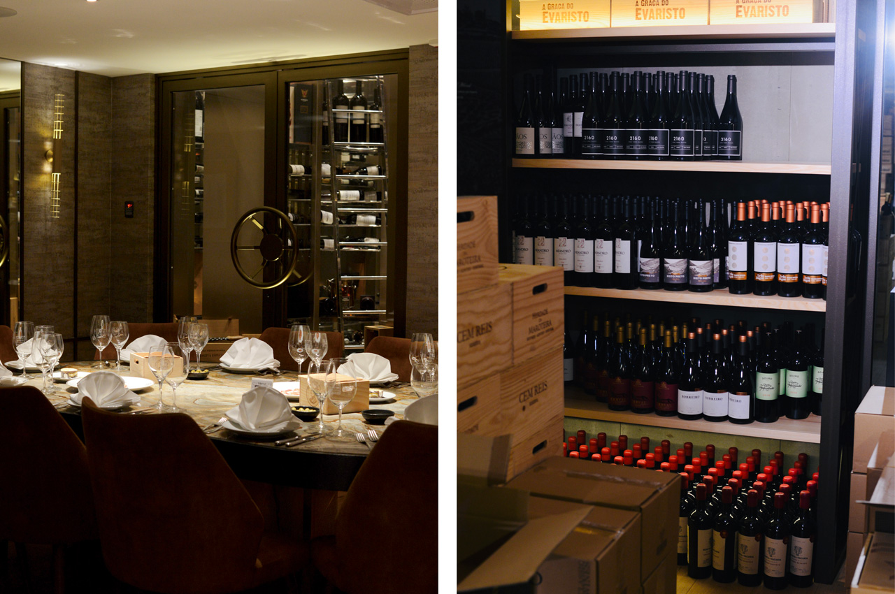  A sala do Cofre, à esquerda, pode ser reservada para grupos e tem capacidade para 11 pessoas. À direita, a impressionante garrafeira que fica na cave