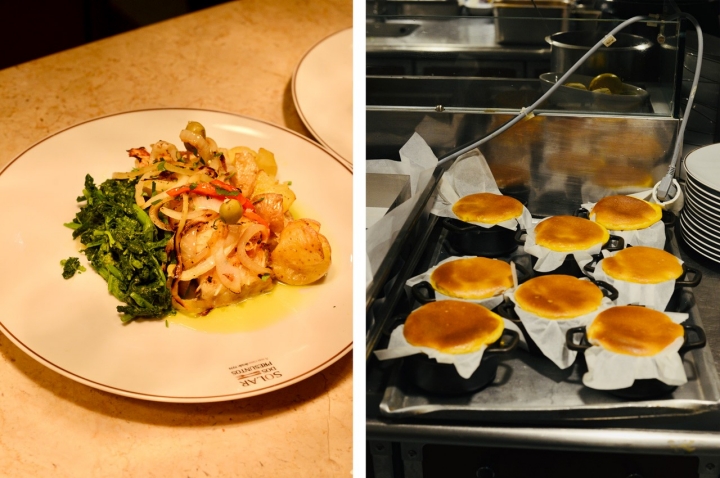  Bacalhau à lagareiro com batata a murro e grelos, à esquerda, e o imperdível pão de ló cremoso