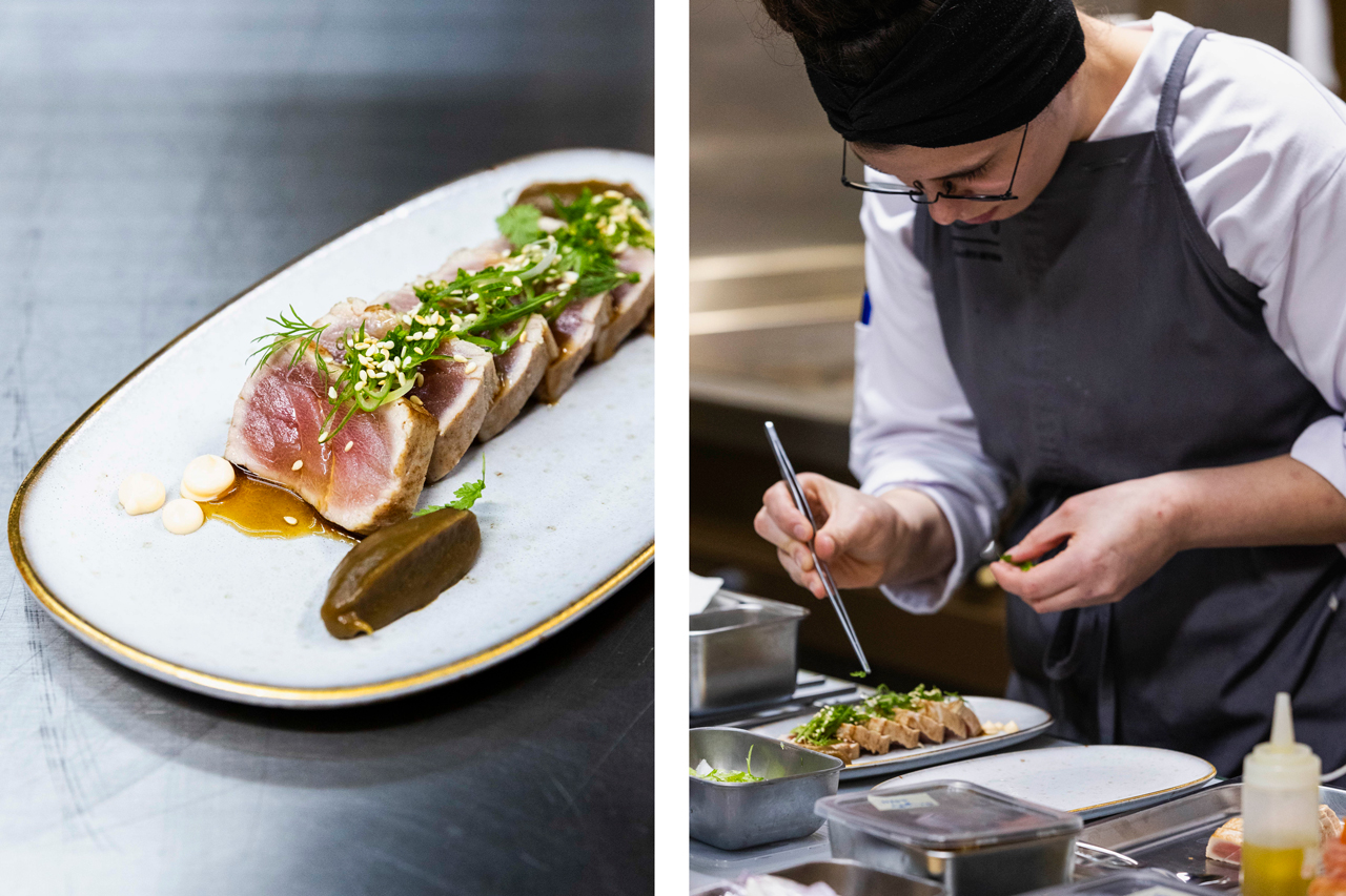 O atum braseado é um dos pratos da carta do Bistrô, o restaurante mais informal do Palacete Severo, onde são servidas criações de inspiração portuguesa e também francesa