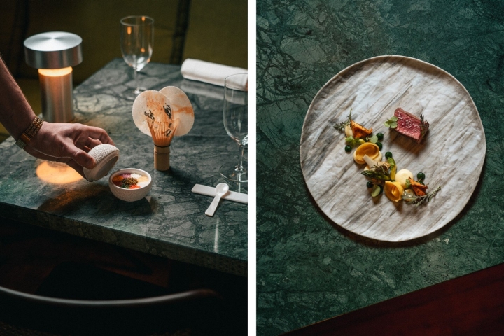  Caviar 3.0, à esquerda, e o novilho guarnecido com sabores da terra e do bosque, à direita