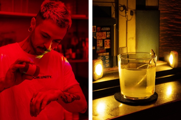 Pablo Straubel é o bartender de serviço. À direita vemos o Triple Niple, com tequila, manga, pimento e limão