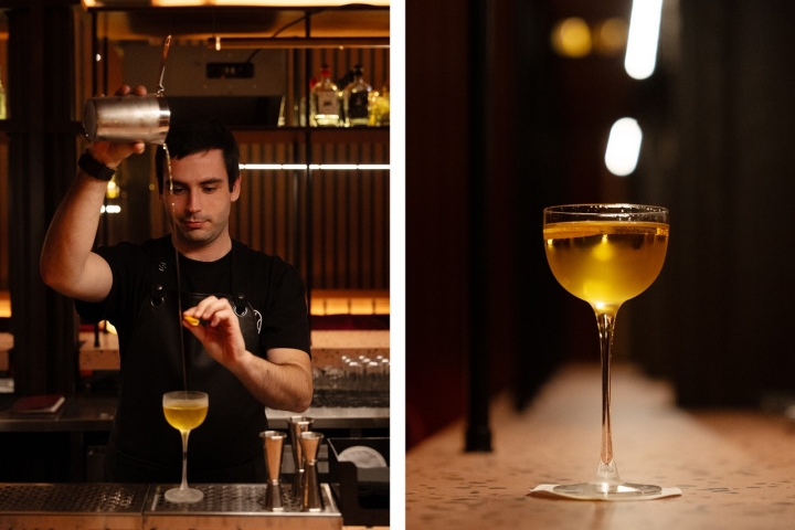O bartender Tiago Santos prepara o Spiced Oil One Sip, com gin, cúrcuma e óleo de gengibre 