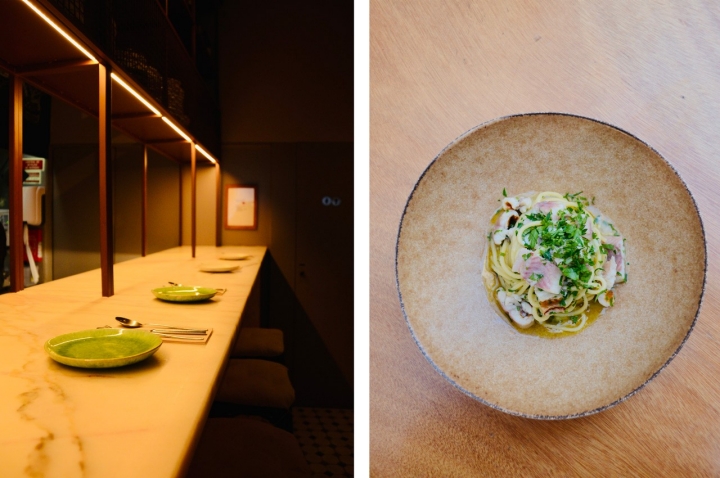 ImagenO restaurante ganhou recentemente um balcão. À direita, esparguete com ovo caseiro, alho, malagueta e enguia fumada 