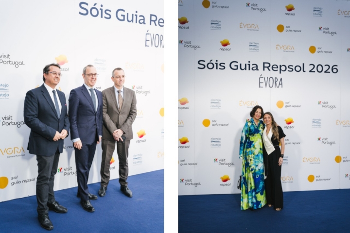 Pedro Beato (Vice-Presidente da Entidade Regional de Turismo do Alentejo e Ribatejo), Carlos Abade (Presidente do Turismo de Portugal) e José Manuel Santos (Presidente da  Entidade Regional de Turismo do Alentejo e Ribatejo); à direita, María Giménez e Lucía Freitas, do A Tafona (3 Sóis Guia Repsol, em Santiago de Compostela)