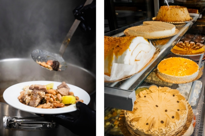 O almoço pode ir dos pratos de tacho à farta vitrine de doces