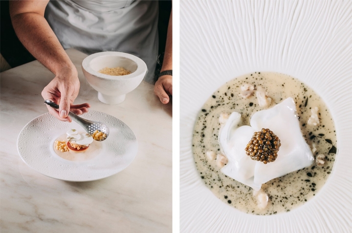 À esquerda: gengibre e citrinos fecha com frescura o menu de degustação. À direita: o pregado escondido sob a lula gigante. O prato leva ainda caviar, bergamota e manteiga noisette