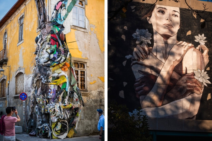 Half Rabbit, de Bordalo II, à esquerda, foi feito em 2017 para o festival Gaia Todo o Mundo. Fica numa rua "escondida", por entre as caves de Vinho do Porto. A propósito do Fórum Social Europeu, que aconteceu em 2021 no Porto, a artista Tamara Alves criou o mural We Bloom As One, na Trindade, à direita 