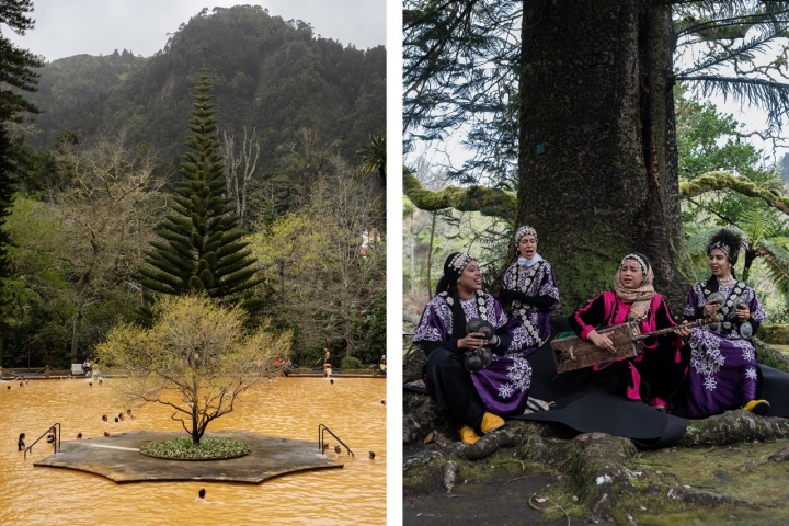 As águas férreas do Parque Terra Nostra estão a 40 graus. À direita, actuação da artista marroquina Asma El Hamzaoui com o seu grupo