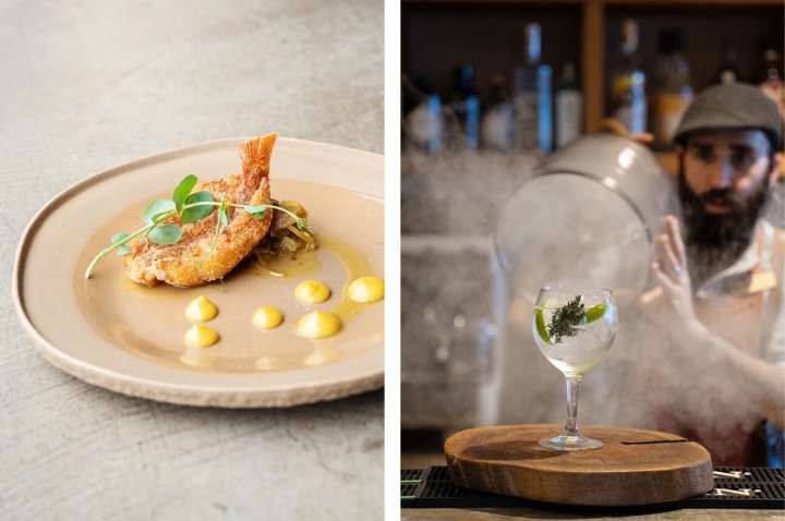À esquerda, salmonete frito, escabeche de alho-francês e creme de maracujá. À direita, um cocktail preparado por Benjamim Luís no hotel Santa Bárbara. 
