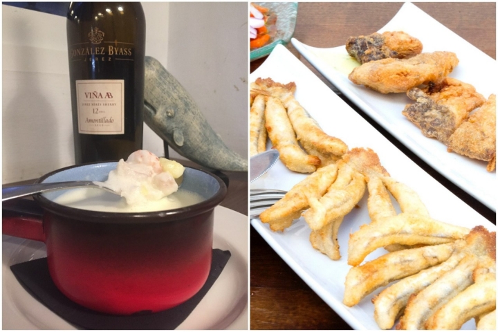 Gazpachuelo (Foto: Casa de Botes) y manojito de boquerones Victorianos y torreznos de morena con ensalada de pimientos.