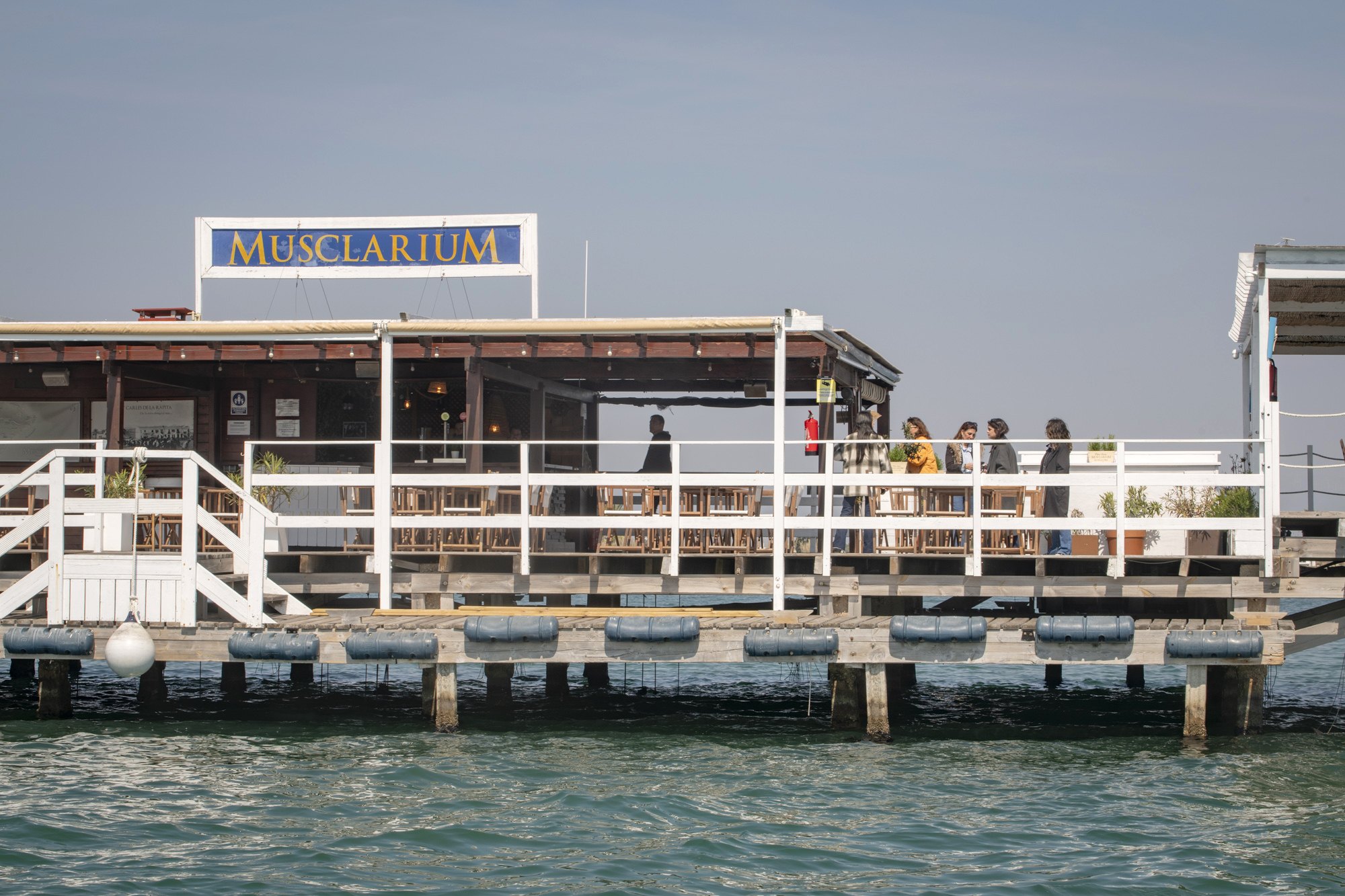 Degustación de ostras y mejillones en una batea