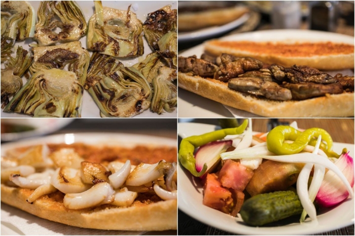 Bocadillos de hígado de rape, de sepia, ensalada de encurtidos, y alcachofas para empezar.