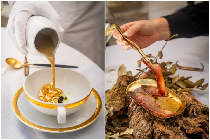 A la izquierda, pencas, caviar y pan de oro con vichyssoise de hinojos; a la derecha, presa ibérica.