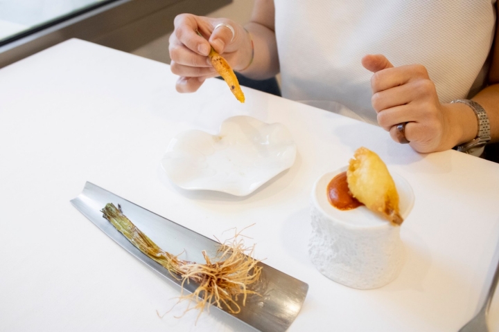 Zanahoria a la brasa, ajete tierno y frito de cebolla