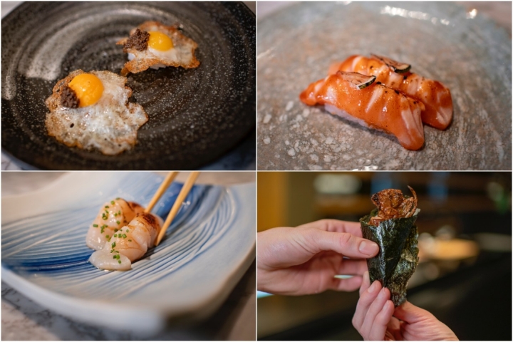 Nigiri de huevo y trufa; de salmón, kimchi y lima tostada; de vieira con jugo de yuzu; y temaki de cangrejo.