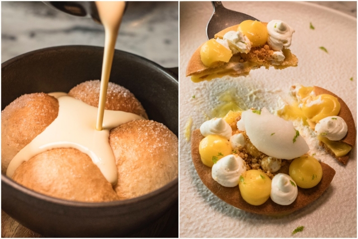 Brioche, crema de haba tonka y guindilla; y tartaleta de limón.