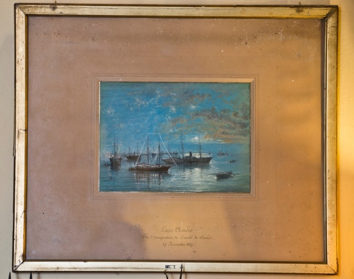 Lámina del Palacio de las Dueñas. Los barcos engalanados para inaugurar el Canal de Suez. Foto: Sofía Moro.