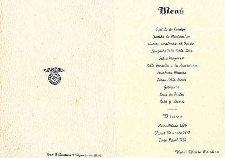 Menú que degustó la Legión Cóndor en el hotel María Cristina el 7 de agosto de 1937.