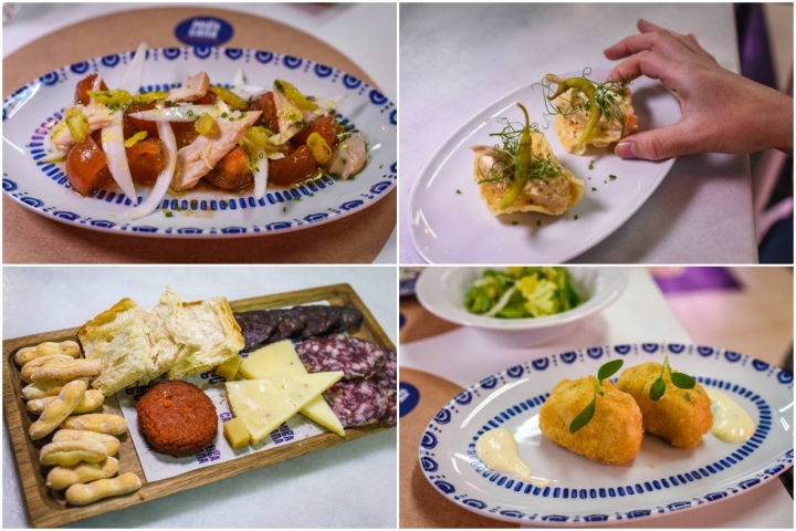 Ensalada de tomate raf, ensaladilla rusa, chacinas salmantinas y merluza a la romana.