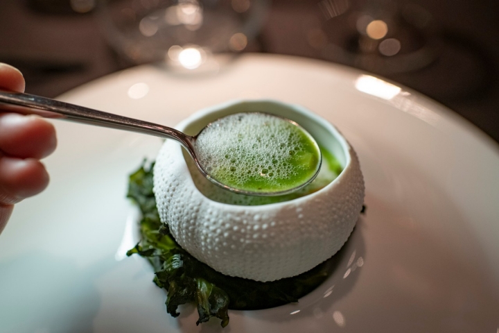 EL CORRAL DE LA MORERIA_ RESTAURANTE GASTRONÓMICO_ PLATOS OTOÑO 2021CHEF DAVID GARCÍA_JUAN MANUEL DEL REY_PROPEITARIOSopa de Algas Fermentadas, Erizos y Encurtidos