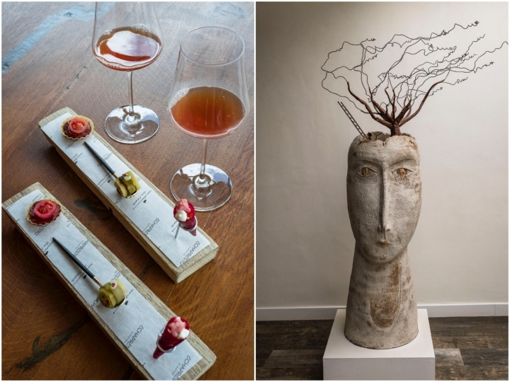 Los snacks son pura huerta. A la derecha, una escultura de Toño Naro.