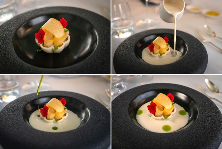 La versión del ajoblanco de Roncero: tartaleta de almendra, berenjena ahumada, sopa de almendras y aceite de shiso verde