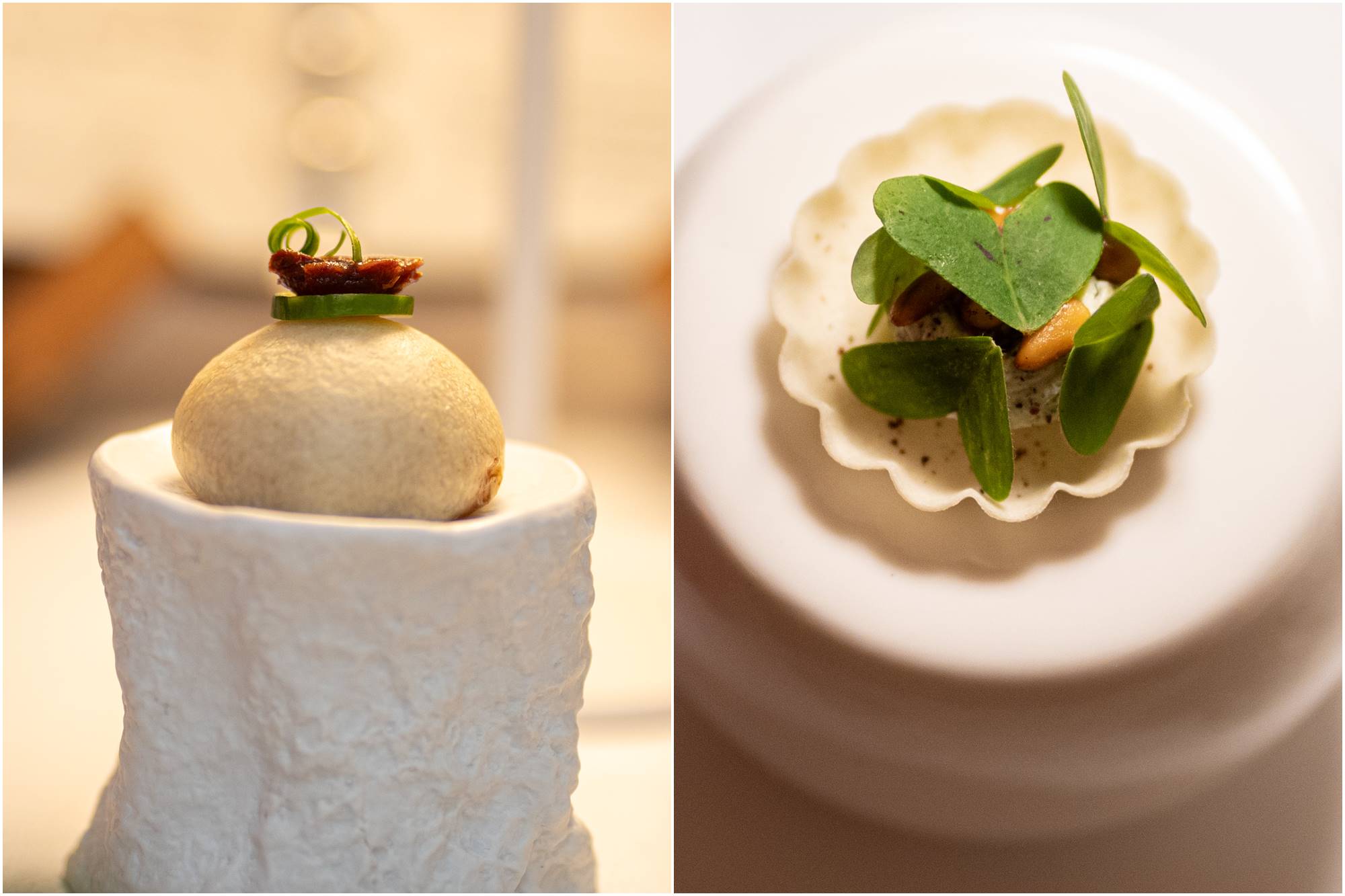 El pase Gregal: pan bao de estofado de pintada y tartaleta de 'labneh' con piñones de 'zaatar'.