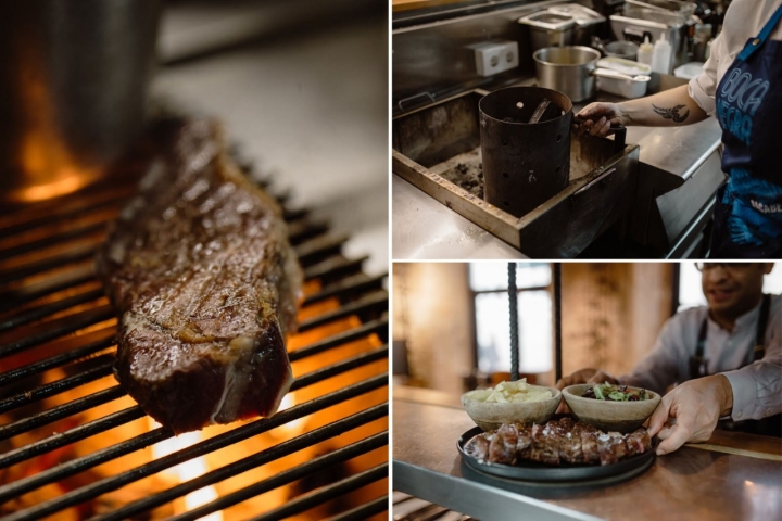 La parrilla es otro de sus atractivos. Aquí la carne va con patatas y pimientos.