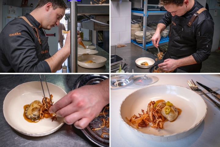 Ostra, oreja de cerdo, kimchi de nabo y piparra.