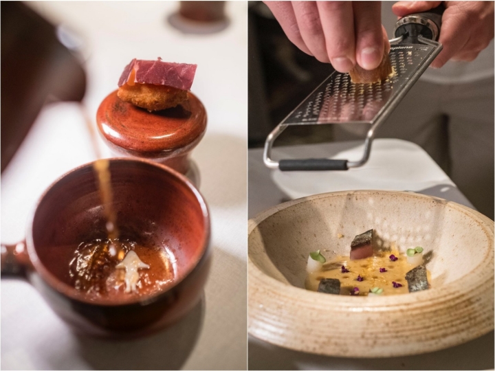 Sopa de picadillo y mouselina de millo del restaurante Cráter (Tenerife).